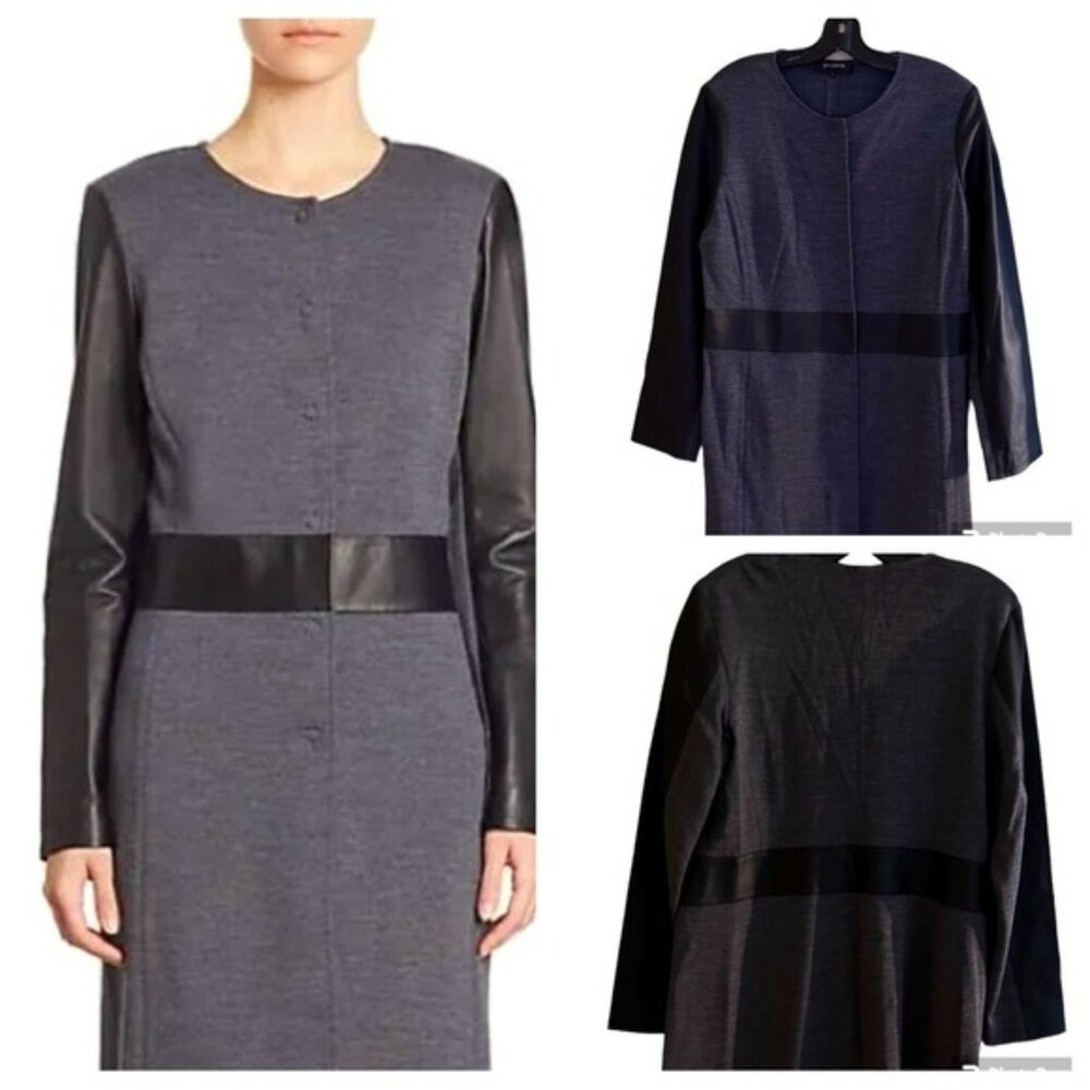 St John Collection Gray Textured Rayon Wool Leather Trim Coat Topper. Size 14